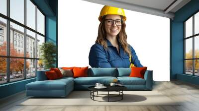 confident female engineer technician smiling in safety helmet and workwear Wall mural