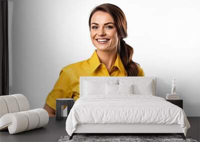 gentle smiling woman in yellow work clothes with rolled up sleeves, png isolated on white transparent background Wall mural