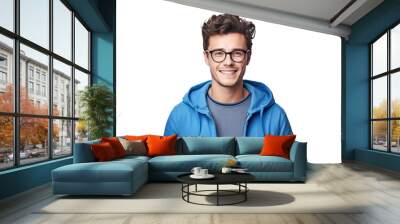 Happy Teenage Boy with Glasses and Blue Jacket - Medium Portrait on Transparent Background PNG File for Modern Lifestyle Designs - Generative AI Wall mural