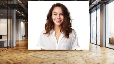 isolated png portrait of natural smiling gentle young woman in white unbuttoned shirt Wall mural