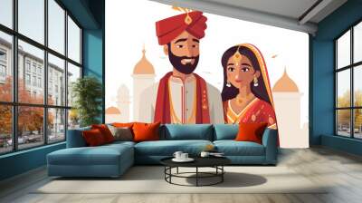 Vibrant colors and intricate details in an Indian marriage couple illustration Wall mural