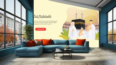 Happy eid mubarak with people character and makkah concept. Hajj or umrah illustration design for Landing page templates, Story board, Book Illustration, Banners, Card Invitation and Social media. Wall mural