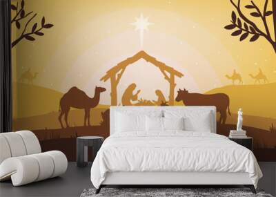 Illustration of Christmas Nativity scene with the three wise men going to meet baby Jesus in the manger. vector background Wall mural