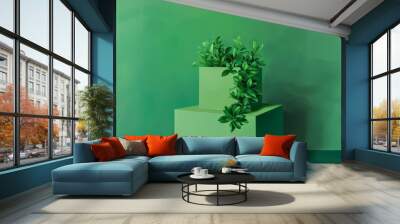 Botanical green natural scene with minimal podium and plants Wall mural