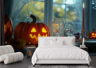 Halloween table with pumpkin decorations, luxury, wide windows background Wall mural