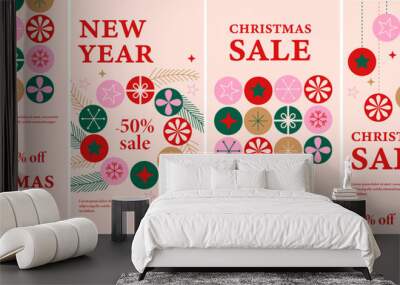 Merry Christmas and Happy New Year set of 4 social media story design templates. Xmas holiday poster set. Vector design of christmas elements for greeting card, cover, social media post, minimal Wall mural