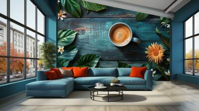 Coffee cup encircled by flowers and green foliage. Generative Ai Wall mural