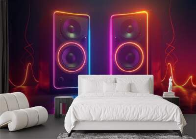 Concept for two sound speakers in a neon-lit neon room. Generative Ai Wall mural