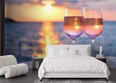 On the table in front of the beach, there are two glasses of rose wine. Generative Ai Wall mural