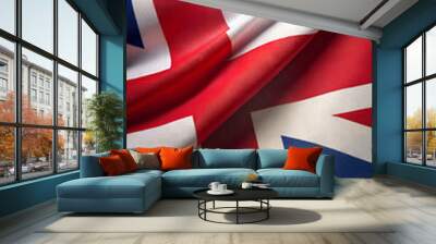 3D Rendering of two flags from United Kingdom or Britain and French Republic together with fabric texture, bilateral relations, peace and conflict between countries, great for background Wall mural