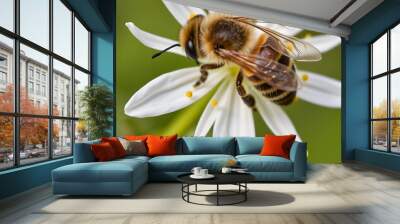 A close-up of a bee sitting on a white flower with yellow pollen on its petals Wall mural