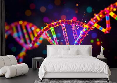 Colorful DNA strands illuminated by vibrant light particles, representing the beauty of genetics and molecular science. Wall mural