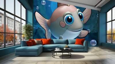 fish swimming in a body of water with bubbles of water around it and a rock wall in the background Wall mural