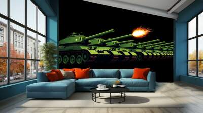 Horizontal banner with advancing army of tank columns with green coloring and long barrel for firing projectiles at enemy. Heavy artillery equipment. Vector isolated on black background Wall mural