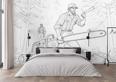 Lumberman working with chainsaw in the forest. Strong lumberjack with the chainsow in the forest.Stylish lumberman getting ready for work. Lifestyle. Wall mural