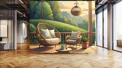 outdoor garden with a wooden terrace, rattan sofa and armchair surrounded by nature with a hanging chair and round table decorated with beige pillows and a blanket, a brown patterned carpet on the dec Wall mural