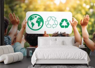 Raised arms of multicultural diverse people holding speech bubble with symbols relating to ecology green and clean environment solar energy recycling and reuse for a sustainable future Wall mural