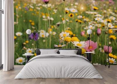 Vast fields of summer wild floral flowers with beautiful golden light blur bokeh effects Wall mural