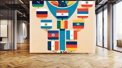 World 2022 match schedule, soccer results table with flags of participants. Tournament bracket  in horizontal design. Wall mural