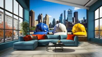 Safety helmets and hard hats protect the head at construction, construction, and civil engineering sites. Urban building construction background. Concept for safety measures at work site. Wall mural