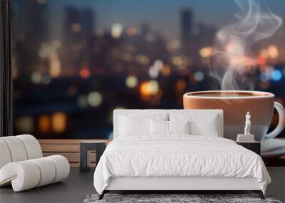 Steaming coffee and blurred city night view on an empty wooden table on an apartment balcony. Suitable for web ads and banners. A concept for a relaxing and relaxing time. Wall mural