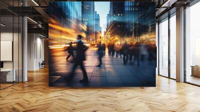 The business district at dusk, where businessmen are finishing work and heading back home. Individuals and cars are intentionally blurred using a slow shutter speed. Wall mural