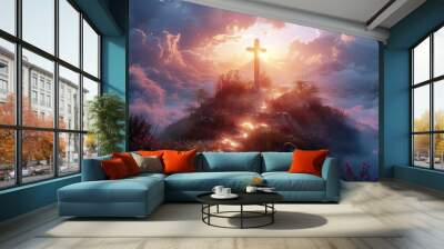 The Holy Cross and Mount Golgotha symbolize the death and resurrection of the Lord Jesus Christ leading the lost lambs. The sky is filled with the light of grace. Wall mural