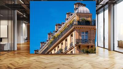 Flat iron-shaped residential building in Paris (France) with wrought-iron balustrades, sandstone façade and tin roof on a sunny day. Typical building on the large boulevards of the french metropolis. Wall mural