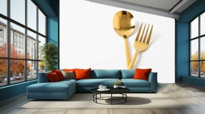 gold spoon and fork isolate on white Wall mural