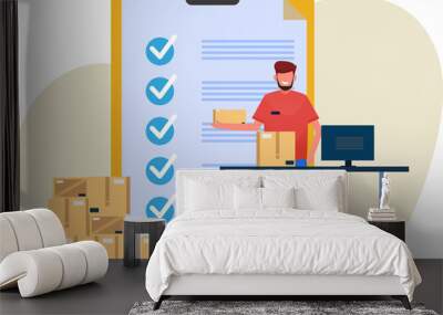 male warehouse workers check the stock of goods to be sent to the customer. vector illustration of i Wall mural