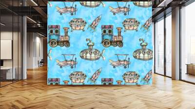 Watercolor hand drawn artistic retro steampunk vehicle vintage seamless pattern Wall mural