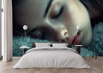 Close-up of a woman face in deep sleep, resting on a plush pillow with a calm and relaxed expression Wall mural