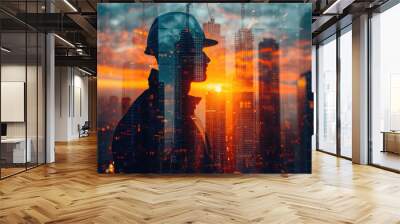 The double exposure image of engineer wearing a helmet and sunrise overlay with cityscape image, The concept of engineering Wall mural