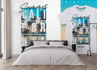 Graphic t-shirt design, California typography slogan on sunset palm,vector illustration for t-shirt. Wall mural