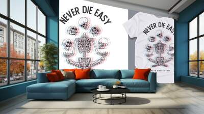 Graphic t-shirt design, never die easy slogan with skeleton  ,vector illustration for t-shirt. Wall mural