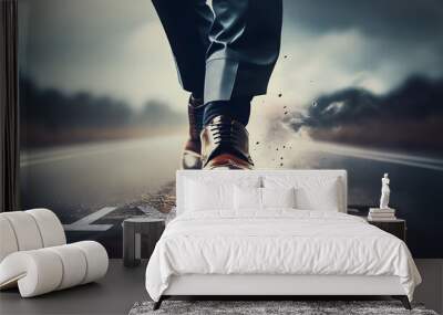 businessman walk on road and start to success, close up shoes walking, goal and target concept, Generative ai Wall mural