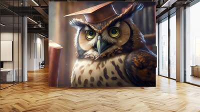 close up an owl wearing degree cap reading books and learning in library, education and knowledge concept,  Generative AI Wall mural