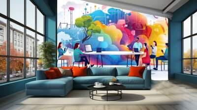 colorful creative agency business brain storm meeting people with icon line presentation young people team discussing roadmap, Generative ai Wall mural