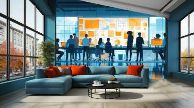 compelling artwork illustrating teamwork in action, with a group of professionals from various backgrounds huddled over a shared vision, plotting strategies on a transparent glass board, in a sleek Wall mural