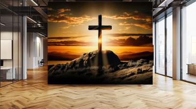 Cross of jesus christ on a background with dramatic lighting, colorful mountain sunset, Generative ai Wall mural