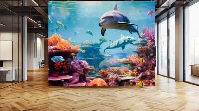 Dolphins and a reef undersea environment. electronic collage images as wallpaper, Generative AI Wall mural