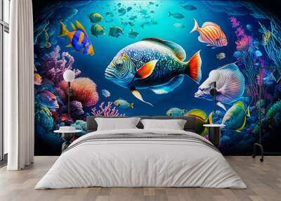 group of colorful fish and sea animals with colorful coral underwater in ocean, Generative AI Wall mural