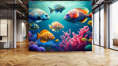 group of colorful fish and sea animals with colorful coral underwater in ocean, Generative AI Wall mural