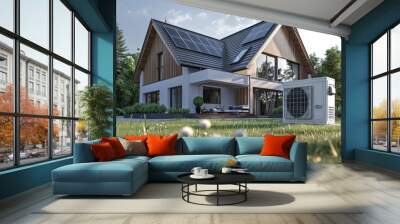 Heat pump next to the house and solar panels on the roof. The concept of an energy-efficient home Wall mural