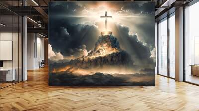 holy cross symbolizing the death and resurrection of Jesus Christ with The sky over Golgotha Hill is shrouded in light and clouds, AI generative Wall mural