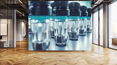 Medical vials on production line at pharmaceutical factory, Pharmaceutical machine working pharmaceutical glass bottles production line, Generative AI Wall mural