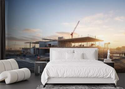 modern concrete and steel building construction site in morning Wall mural