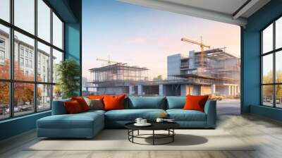 modern concrete and steel building construction site in morning Wall mural