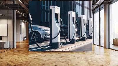 Modern fast electric vehicle chargers for charging car in park,  Generative AI Wall mural