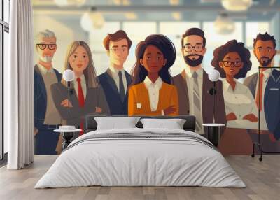 Teamwork concept, A vibrant illustration of a diverse business team collaborating in a modern office environment, showcasing a range of ethnicities, ages, and abilities, in professional attire Wall mural